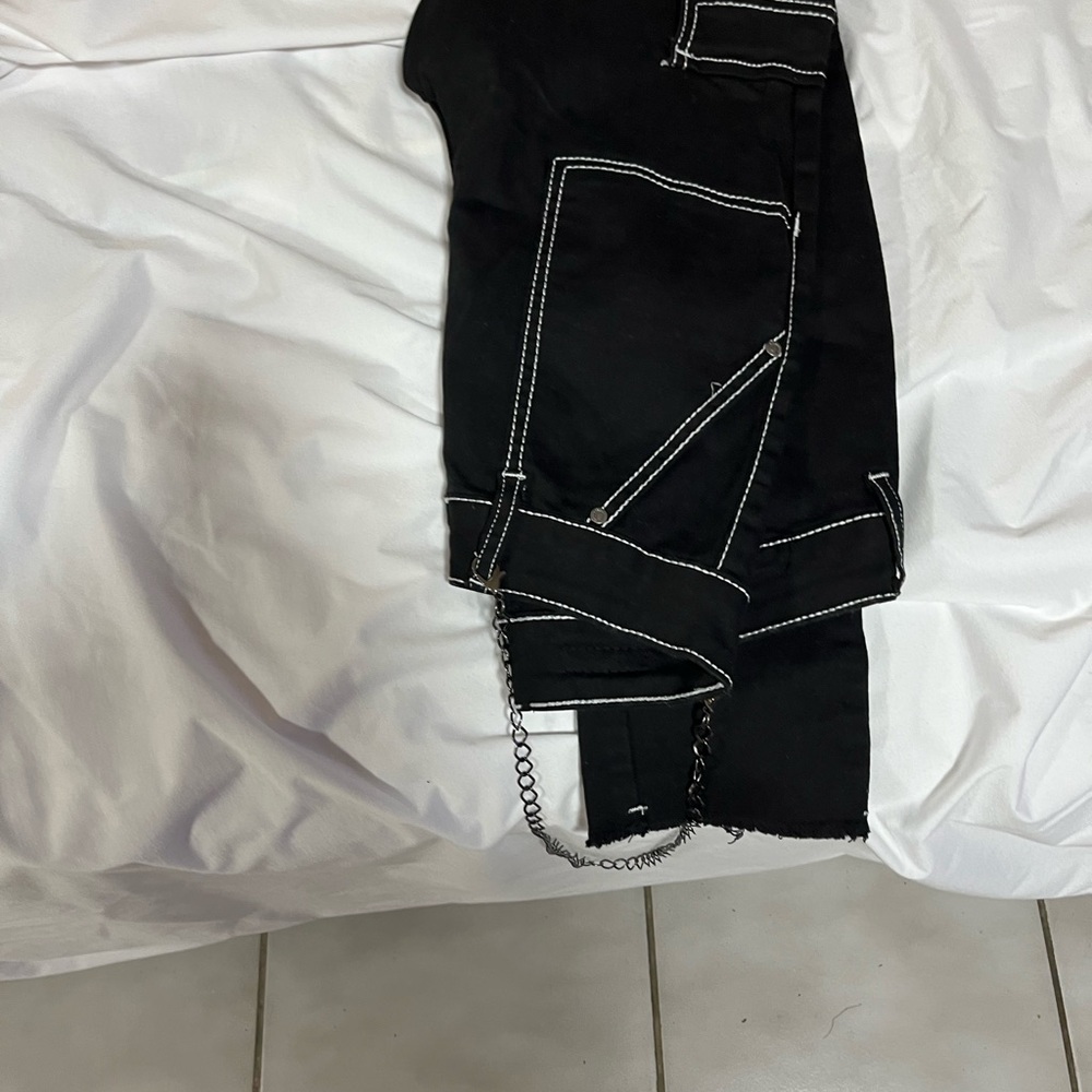 Black Pants with White Stitching and Chain Detail